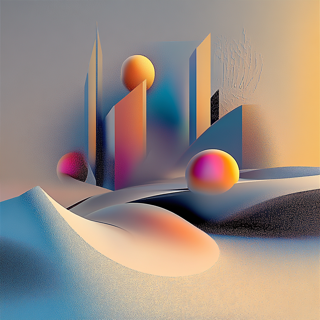 Abstrakte Komposition aus geometrischen Formen und sphärischen Elementen in schimmernden Lichtfarben – eine surreale Landschaft aus Sand, Glas und Dämmerung.

