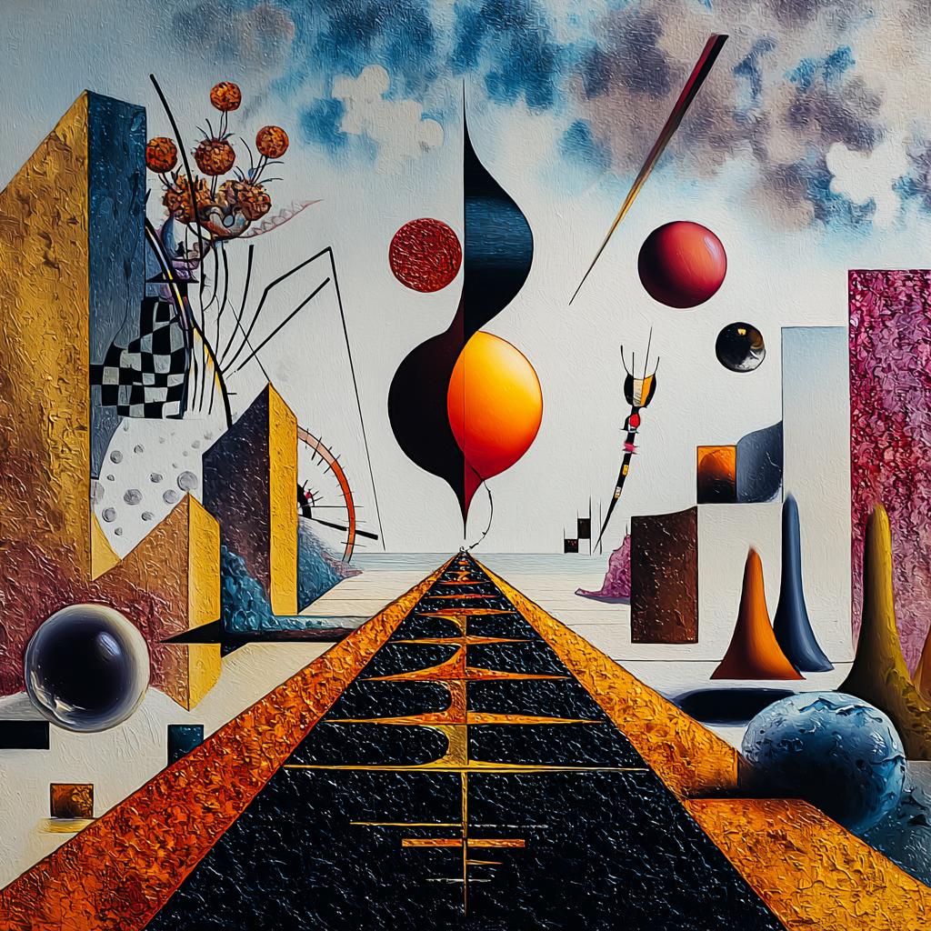 Abstrakte Landschaft aus geometrischen Formen, Kugeln und Türmen in leuchtenden Farben – eine zentrale Achse führt in die Tiefe, dominiert von orange-schwarzen Formen im Gleichgewicht.
