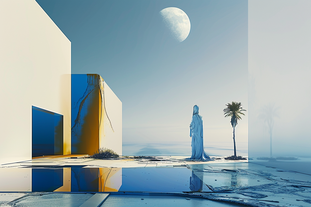 Surreale, minimalistische Landschaft mit geometrischer Architektur, einer verhüllten Figur und einer fernen Palme. Kühle Blautöne und warmes Licht schaffen eine Atmosphäre von Stille und Kontemplation unter einem hellen Mond.
