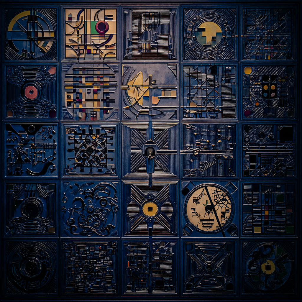 Abstrakte Komposition aus quadratischen Feldern mit geometrischen Mustern, Linien und Symbolen in dunklem Blau und Gold – ein strukturiertes, ornamentales Relief.
