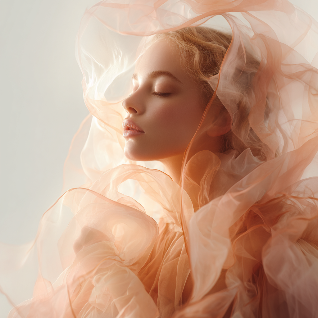 Porträt einer Frau in schwebenden, warmen Stoffbahnen. Zarte Farben, weiches Licht und ein ruhiger, ätherischer Ausdruck.
