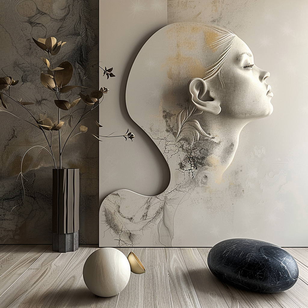 Künstlerische Relief-Darstellung eines weiblichen Gesichts in Profilansicht mit floralen Details und sanfter Farbgebung – Symbol für Stille, Zerbrechlichkeit und Schönheit.
