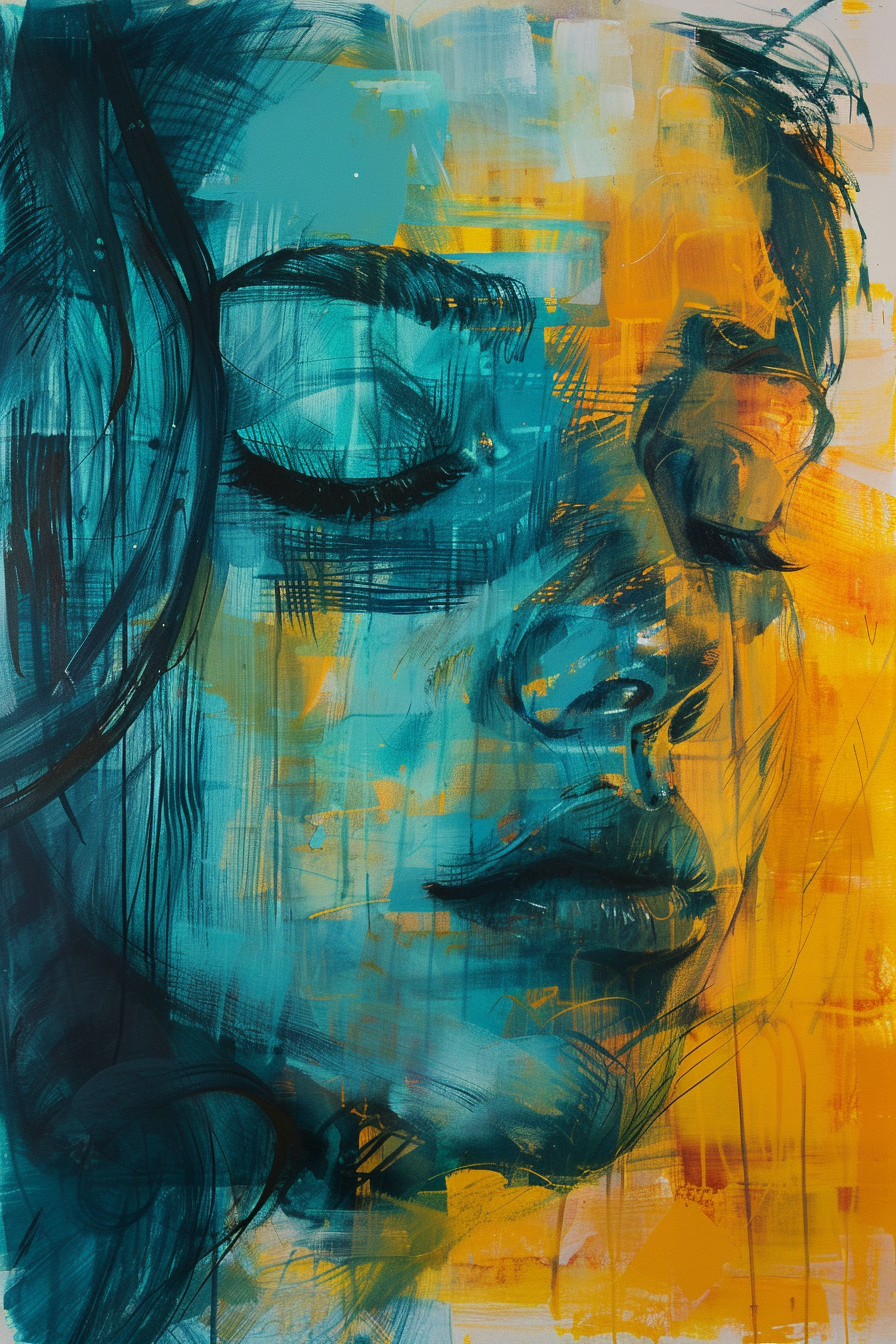 Abstraktes Porträt einer Frau mit geschlossenen Augen in Blau- und Gelbtönen – zarte Linien und malerische Texturen schaffen eine Atmosphäre stiller Ruhe.

