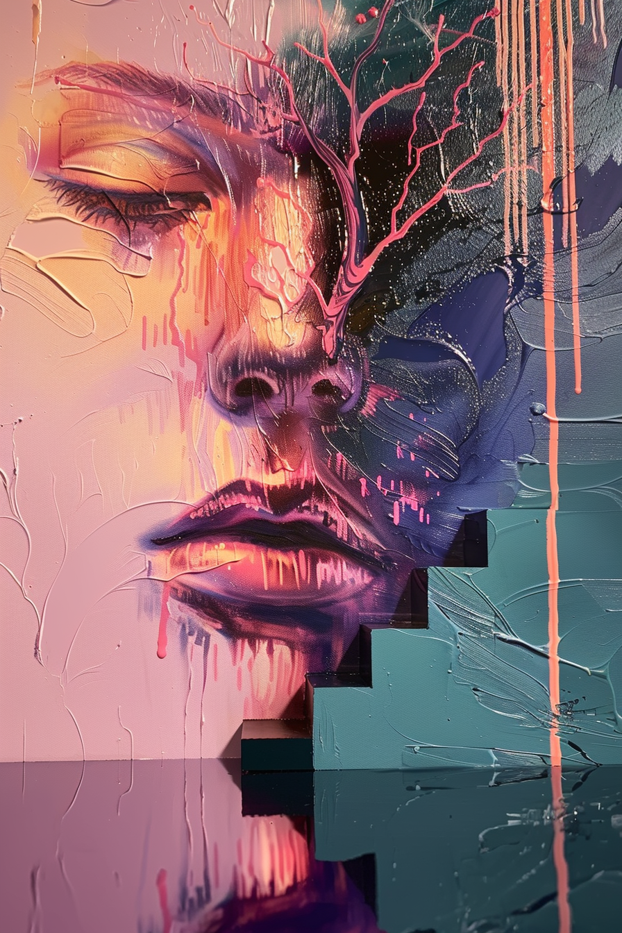 Ein großflächiges Porträt mit geschlossenen Augen, in Rosa-, Lila- und Blautönen gemalt. Feine Risse, fließende Linien und baumartige Verzweigungen breiten sich über das Gesicht aus. Unten führen dunkle Treppenstufen in eine spiegelnde Fläche, die das Licht und die Farbe sanft reflektiert.
