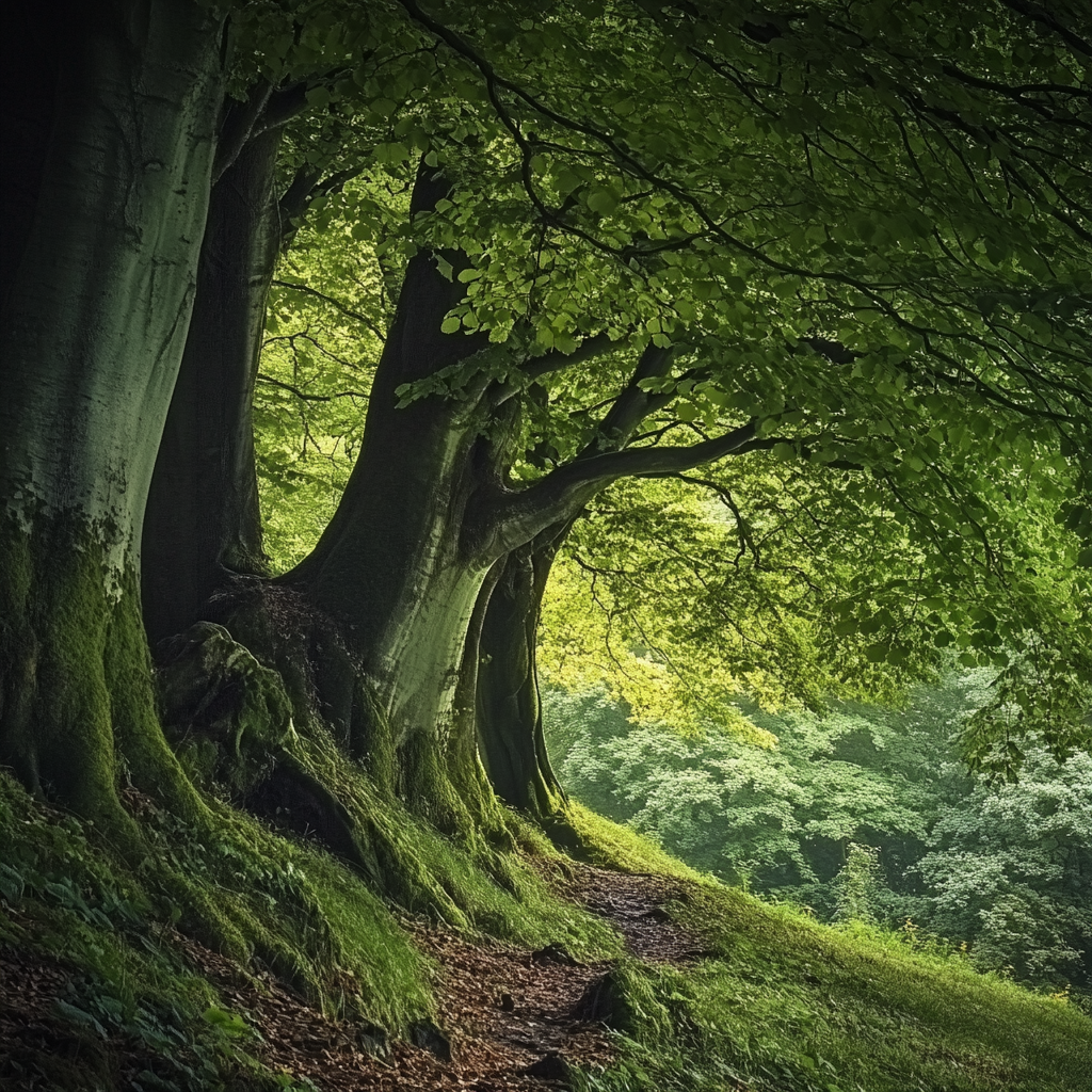 Stimmungsvolles Waldmotiv mit alten Bäumen, deren Wurzeln und Stämme von Moos überzogen sind – ein stiller, grüner Pfad im diffusen Licht.
