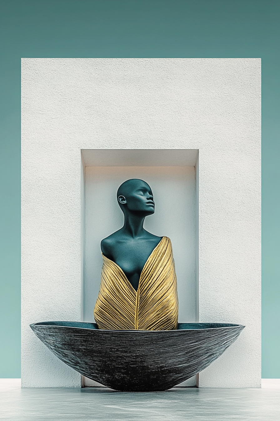 moderne skulptur einer schwarzen figur mit goldenem gewand in geometrischem rahmen
