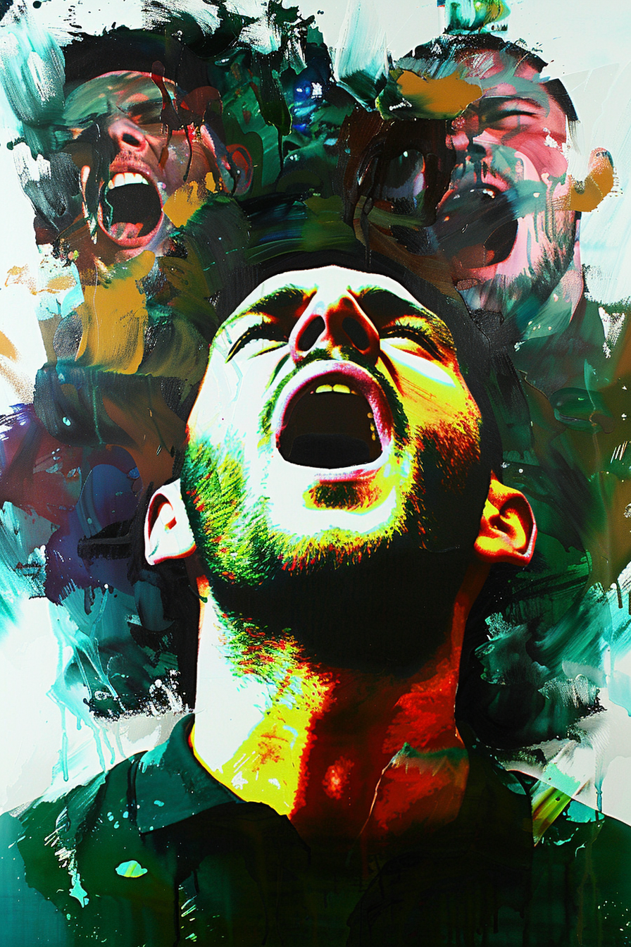 Dramatisches Porträt eines Mannes mit weit geöffnetem Mund, mehrfach überlagert von expressiven Gesichtsausdrücken in kräftigen Farben – intensives Spiel aus Emotion und Energie.
