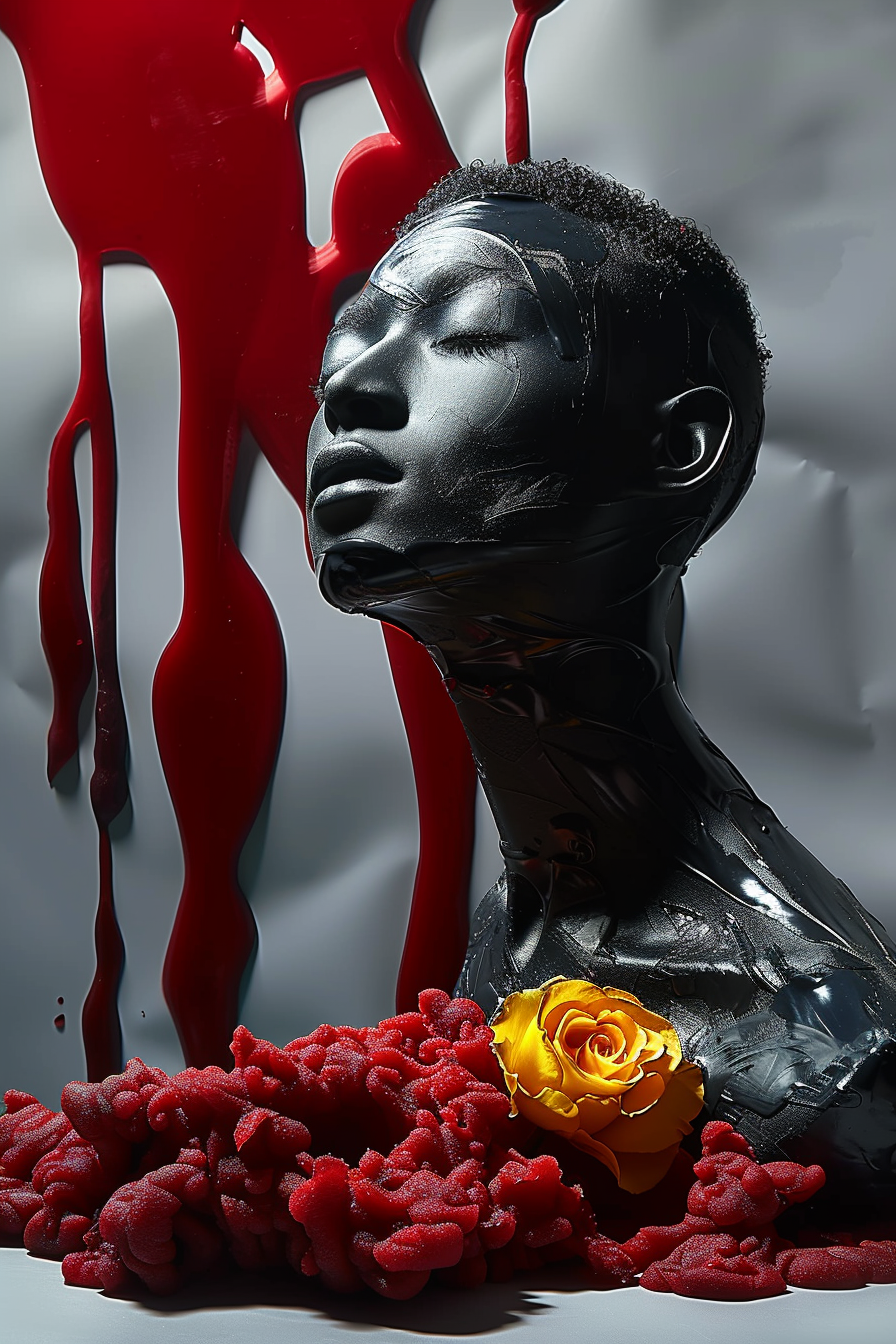 Eine Person mit geschlossenen Augen, deren Körper und Gesicht von schwarzer Farbe bedeckt sind. Hinter ihr fließt rote Flüssigkeit herab, während vor ihr eine leuchtend gelbe Rose inmitten dunkelroter organischer Strukturen liegt.
