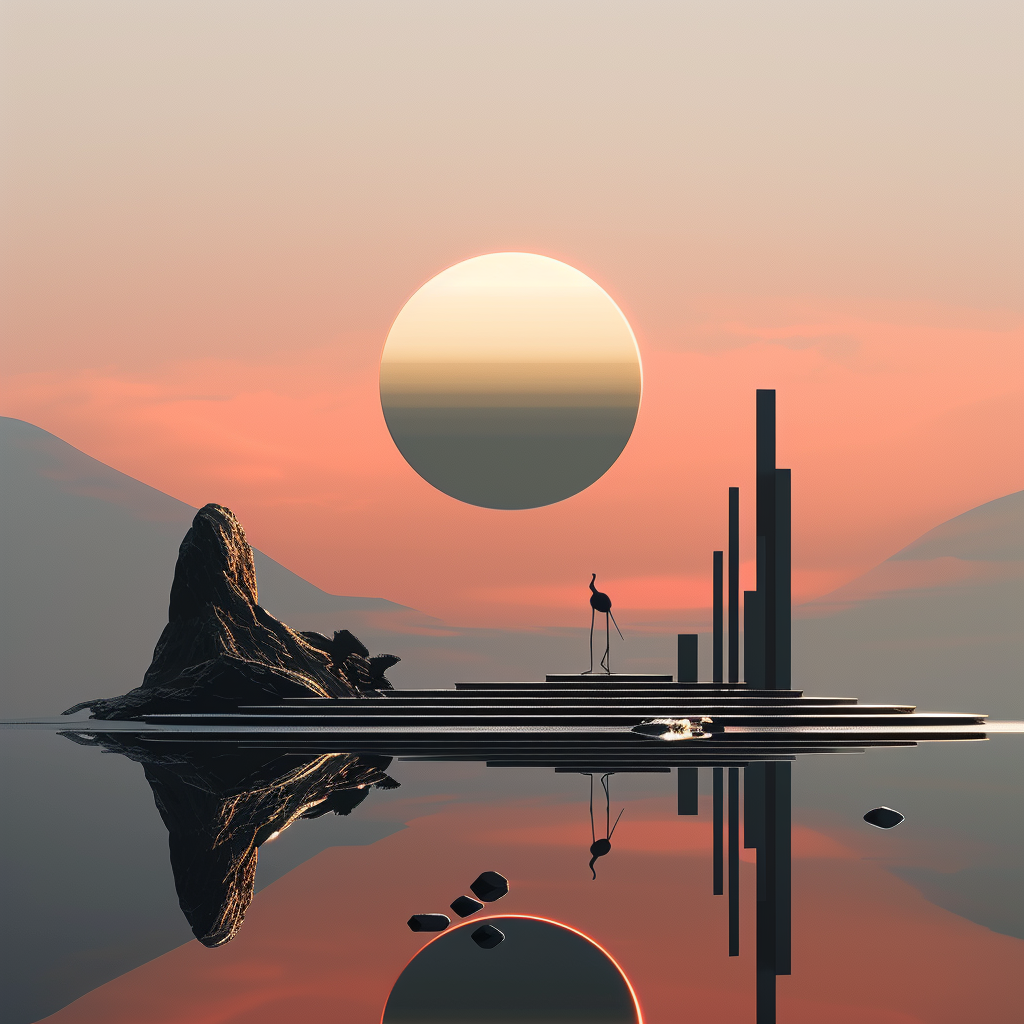 Minimalistisches surrealistisches Kunstwerk mit großer Sonne über ruhigem Wasser, geometrischen Formen und einer Silhouette – Symbol für Stille, Balance und Neuanfang.
