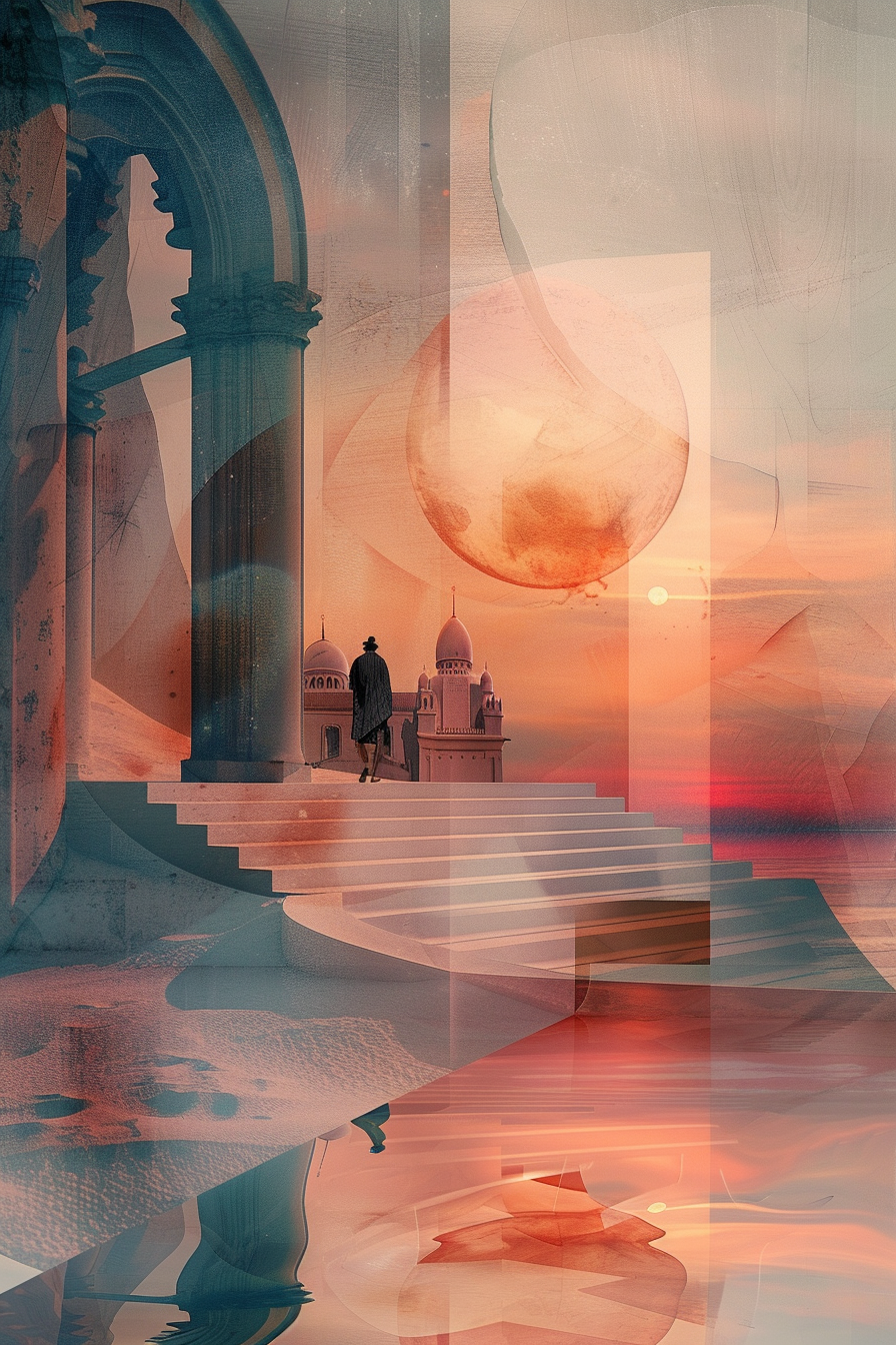Surreale Szene mit einer Person auf weißen Stufen, die zu einer tempelartigen Architektur führen; im Hintergrund ein großer Planet oder Mond über einer warmen Himmelslandschaft.
