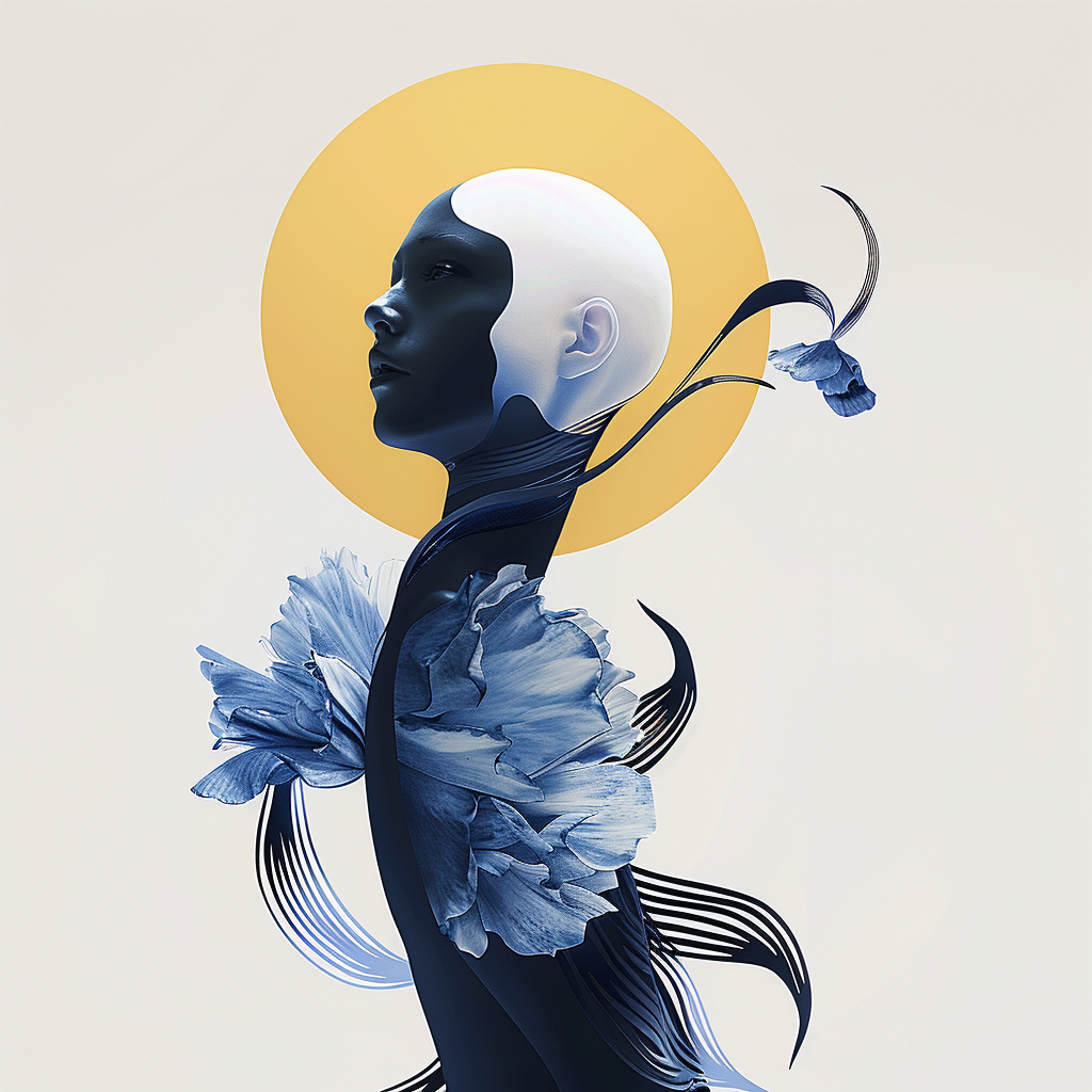 Futuristisches Porträt einer Frau mit floralen Elementen und goldenem Kreis im Hintergrund – Symbol für Erneuerung, Harmonie und Stärke.
