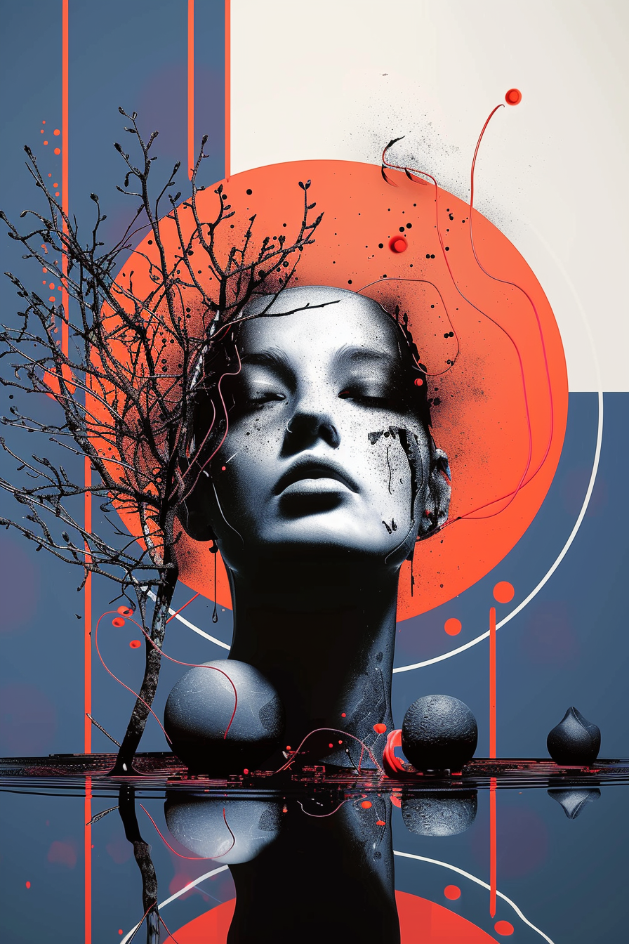 Surreales Porträt eines weiblichen Gesichts in Schwarz-Weiß, kombiniert mit grafischen roten und blauen Formen. Aus dem Kopf wachsen Äste, die in einem orangen Kreis enden – ein kraftvolles, symbolisches Spiel aus Leben, Geist und Licht.
