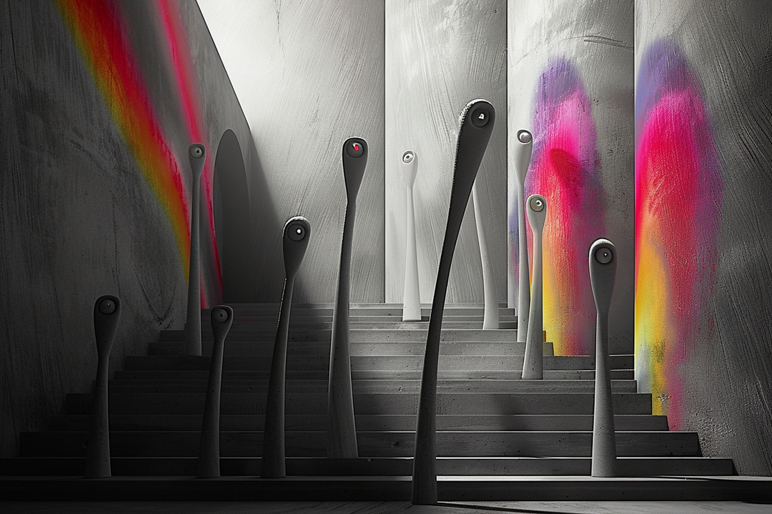 abstraktes kunstwerk mit langen skulpturen auf treppe und farbigem licht
