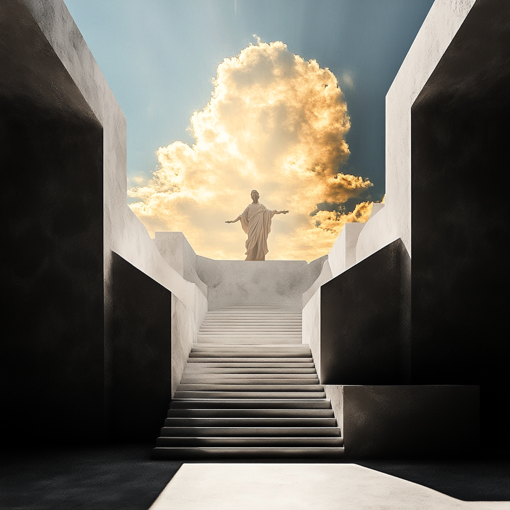Symbolisches Gemälde einer Statue auf einer Treppe, die in goldenes Licht und dramatische Wolken führt – Sinnbild für Aufstieg und Transzendenz.
