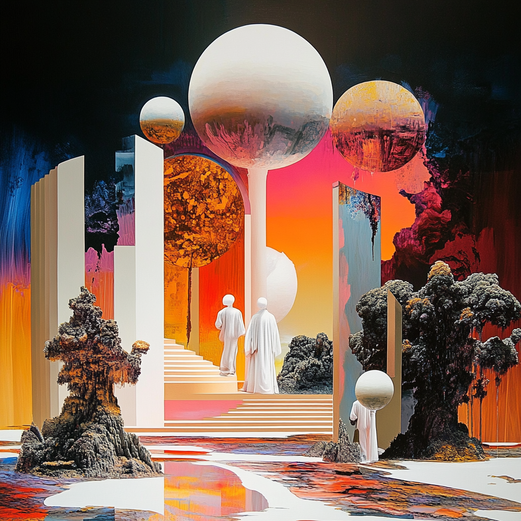 weiße figuren steigen eine treppe zu schwebenden kugeln in leuchtender farbwelt hinauf
