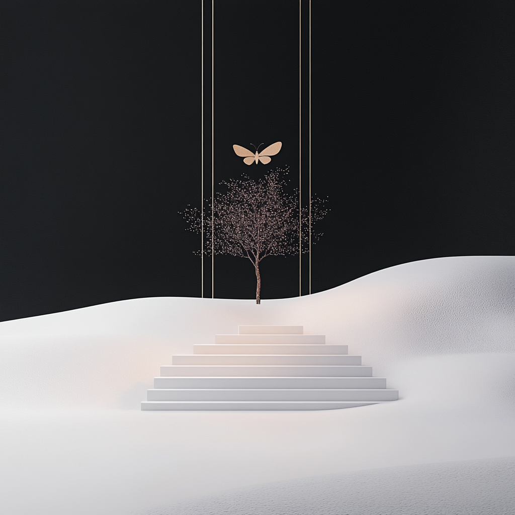 Minimalistische Komposition mit einer weißen Treppe, die sich durch eine sanfte Dünenlandschaft erhebt. Über der Treppe steht ein zarter Baum, über ihm schwebt ein goldener Schmetterling vor schwarzem Hintergrund.
