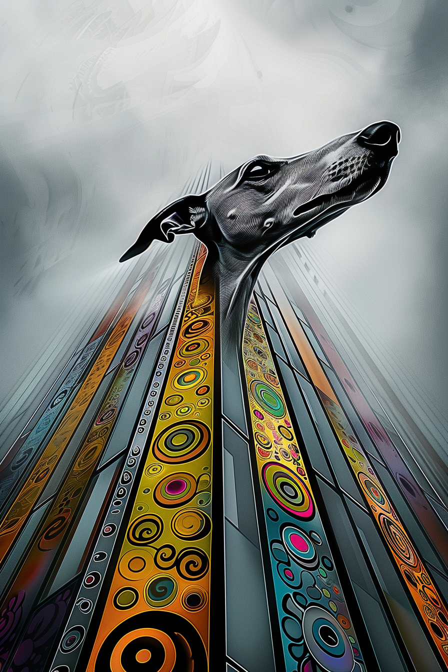 Digitales Kunstwerk eines Hundekopfes, der majestätisch aus farbenreichen, geometrischen Linien und Kreisen emporragt – eine surreale Verbindung von Tier und Architektur im Nebel.
