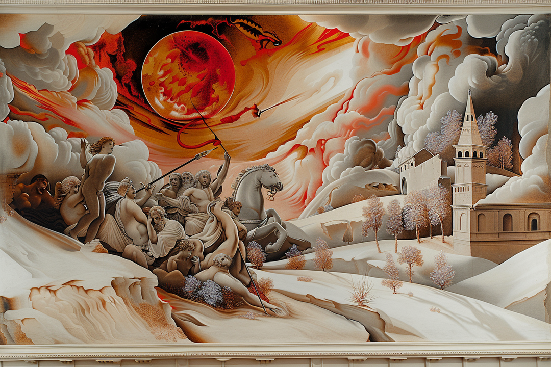 Mythologische Szene mit einer Gruppe antiker Figuren und einem Streitwagen unter einem feurigen Himmel. Eine große rote Sonne oder ein brennender Planet dominiert die Szenerie. Rechts eine Kirche auf einem Hügel, umgeben von sanften Landschaften und dramatischen Wolken.
