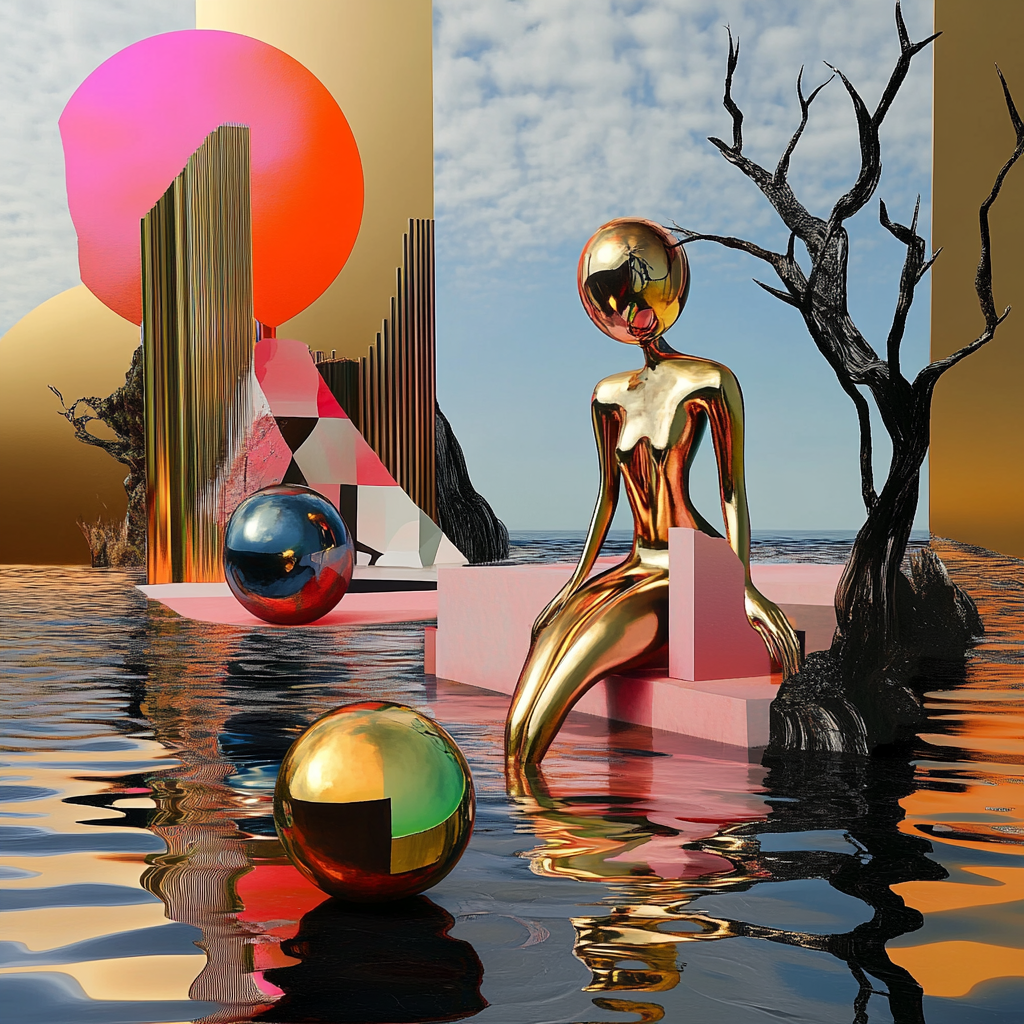 Surrealistisches Kunstwerk mit goldener humanoider Figur, reflektierenden Kugeln und geometrischen Strukturen über Wasser, im Licht einer orangefarbenen Sonne.
