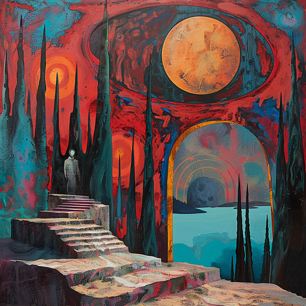 Surreales Gemälde mit rotem Himmel, dunklen Zypressen und goldenen Sphären. Eine Treppe führt zu einer geheimnisvollen Gestalt vor einem Tor, das auf ein blaues Meer hinausblickt – mystisch, symbolisch und dramatisch.
