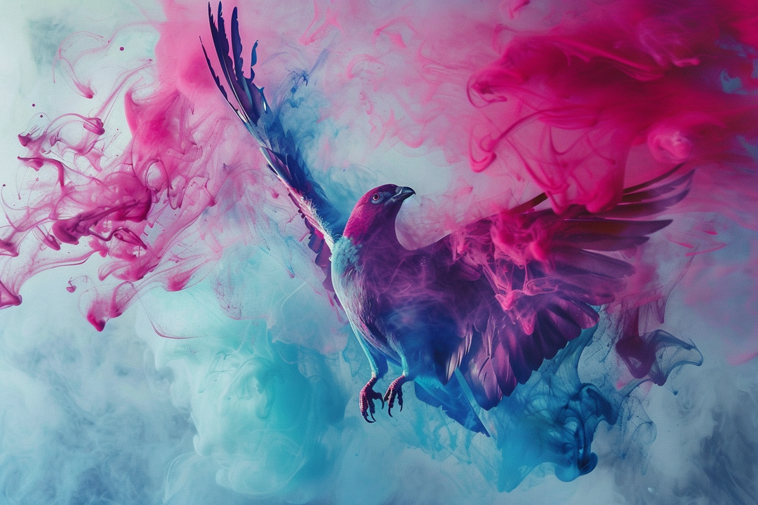 Leuchtendes Kunstwerk eines fliegenden Vogels, umgeben von blau-rosa Farbrauch – Symbol für Freiheit, Transformation und Energie.
