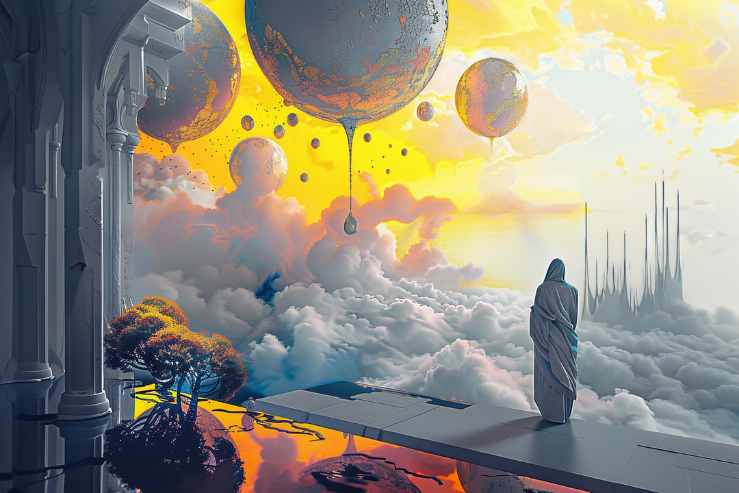 Surreale Szene über den Wolken: Eine verhüllte Figur steht auf einer Plattform, umgeben von goldgelbem Licht und schwebenden Sphären. Fantastische Architektur und leuchtende Wolkenlandschaft erzeugen eine himmlische Atmosphäre.

