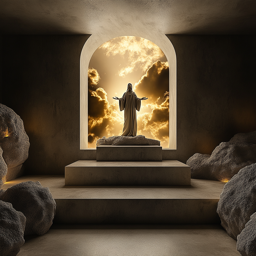 Symbolisches Gemälde einer Statue mit erhobenen Armen vor goldenem Licht und dramatischem Himmel in einer steinernen Kammer.
