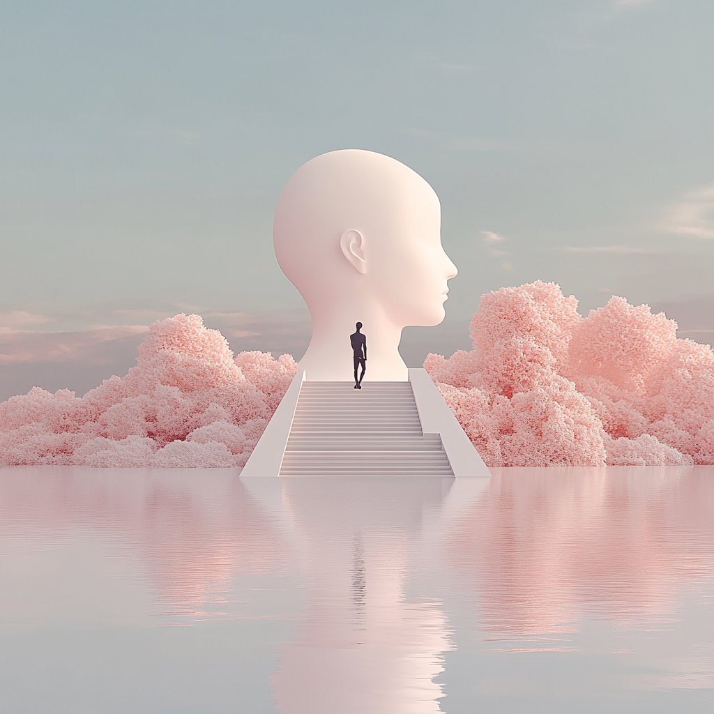Surreale Szene mit einer monumentalen Kopfskulptur über einer Treppe, umgeben von rosafarbenen Bäumen und spiegelndem Wasser – eine ruhige, meditative Vision über Geist und Selbst.
