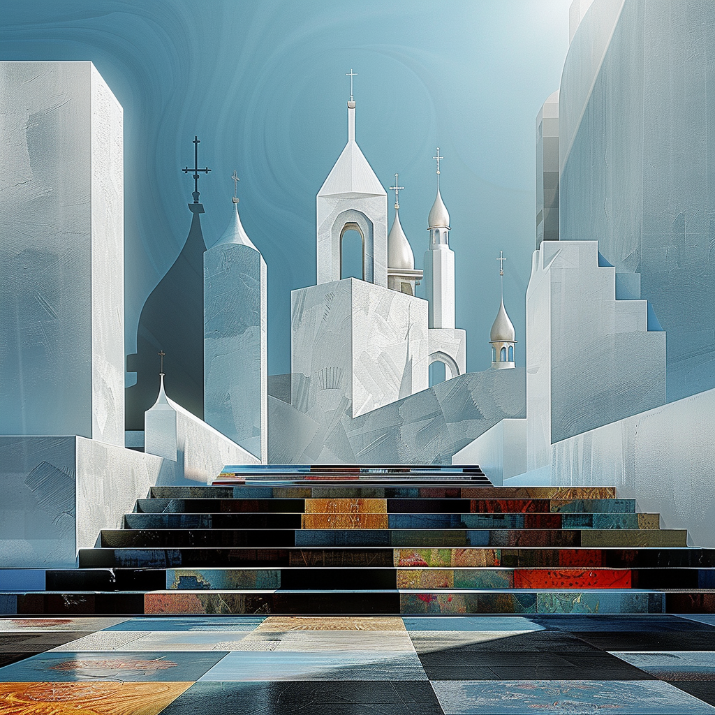 Digitale architektonische Komposition aus weißen, geometrischen Bauformen mit Türmen und Kuppeln. Eine Treppe mit farbigen Stufen führt in eine leuchtende Stadt aus Licht und Struktur – ruhige, spirituelle Atmosphäre.
