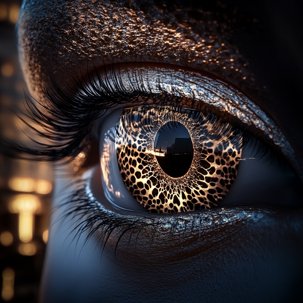 Makroaufnahme eines Auges mit goldener, strukturierter Iris; Lichtreflexe und urbane Silhouetten spiegeln sich in der Pupille.
