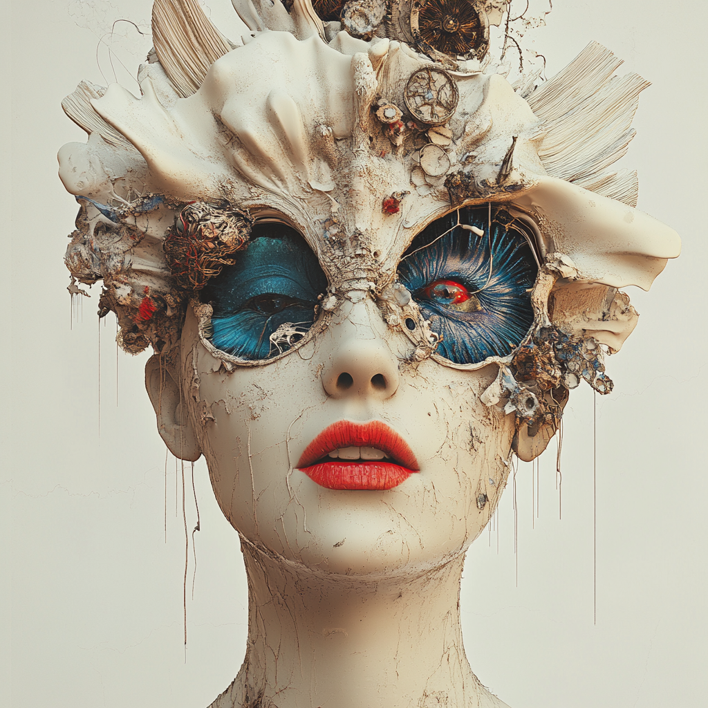 Eine surreale Porträt-Skulptur einer Frau mit leuchtend blauen Augenpartien, roten Lippen und einer ornamentalen Kopfbedeckung aus organischen und mechanischen Elementen. Das Gesicht wirkt wie aus Ton oder Porzellan modelliert, mit Spuren von Verfall.
