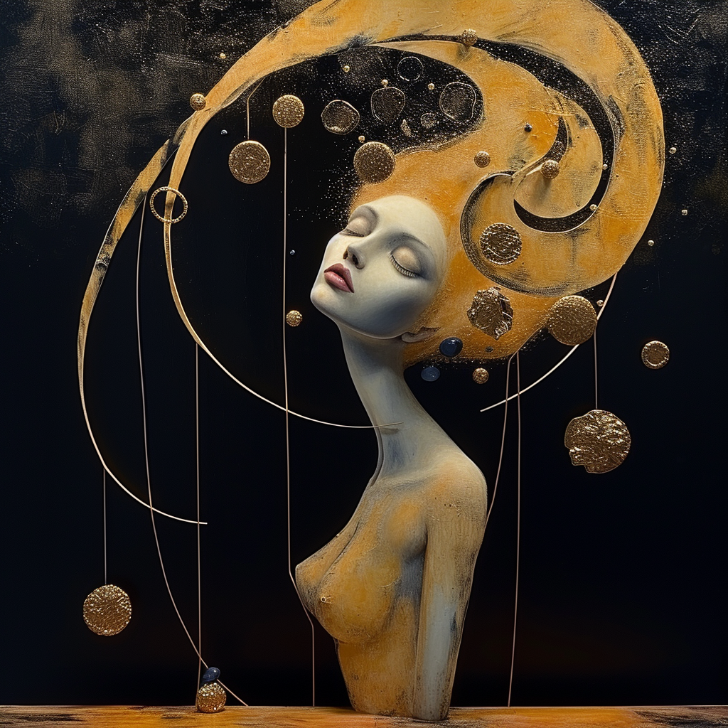 Porträt einer stilisierten weiblichen Figur mit geschlossenen Augen, deren goldenes, kunstvoll geformtes Haar sich spiralförmig ausbreitet und von schwebenden goldenen Kugeln und Linien umgeben ist, vor dunklem Hintergrund.
