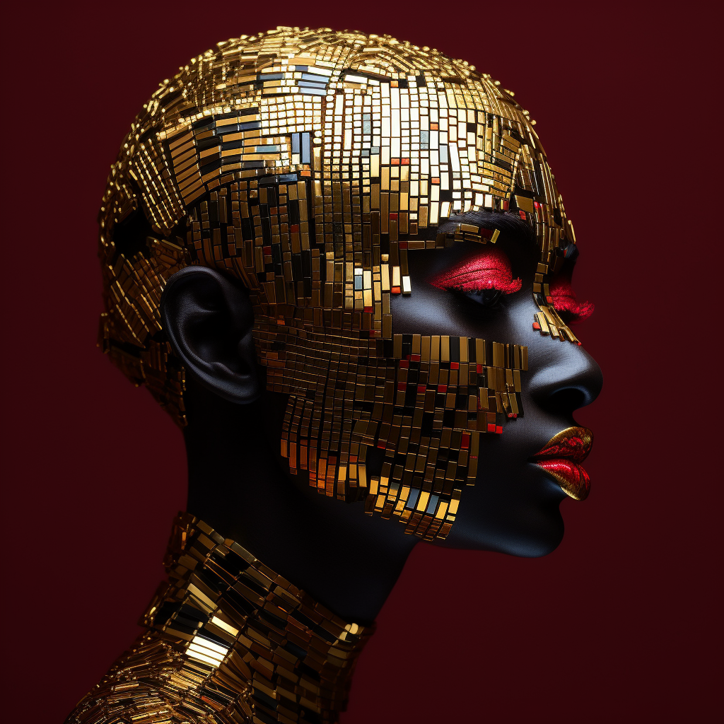 Porträt mit goldener Mosaikstruktur auf schwarzer Haut – leuchtendes, futuristisches Sinnbild aus Licht, Identität und Form.
