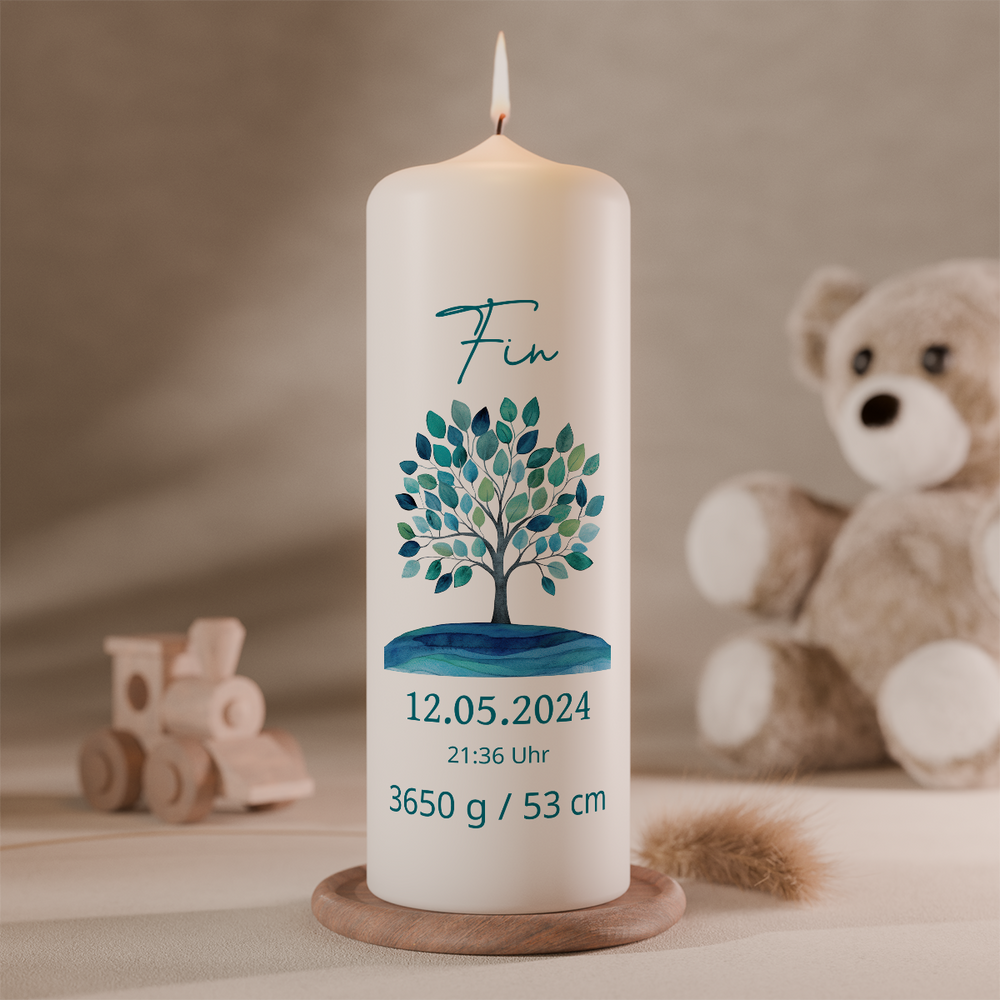 Babykerze mit Lebensbaum personalisiert mit Name Geburtsdatum Uhrzeit Gewicht und Größe