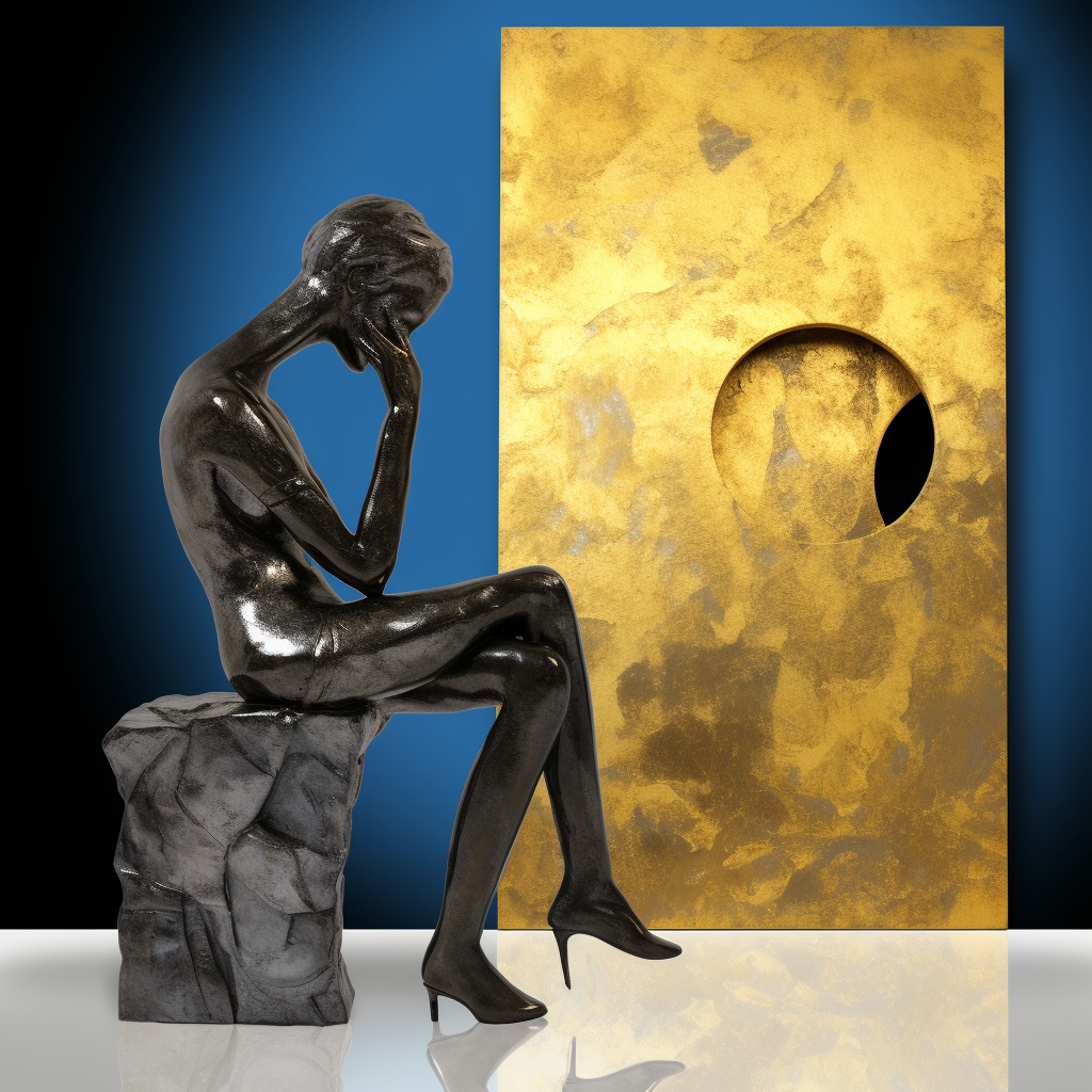 Nachdenkliche Skulptur vor goldener Fläche mit Kreisöffnung, Symbol für Balance und inneres Gleichgewicht.
