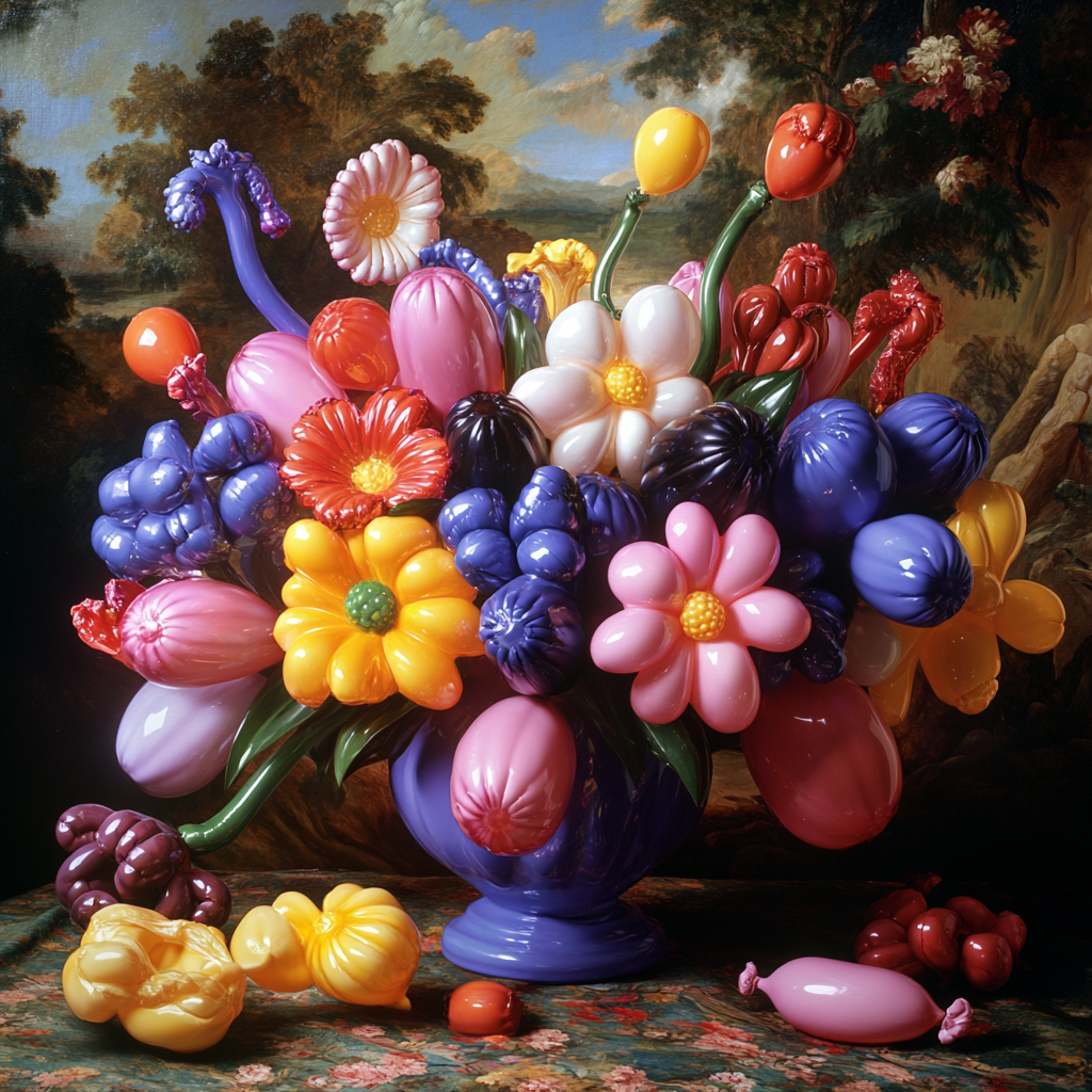 Farbenfroher Blumenstrauß aus Ballons in einer blauen Vase vor klassischem Hintergrund
