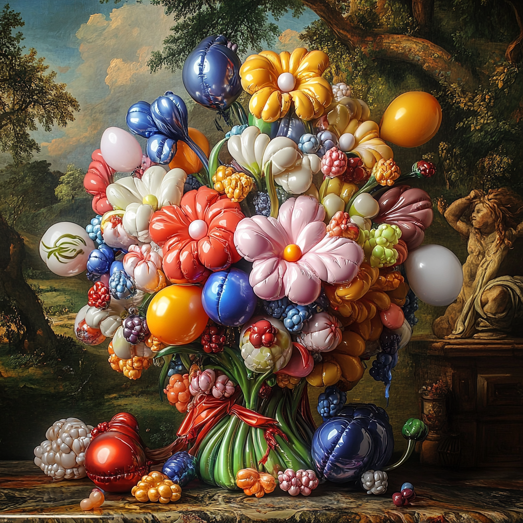 Buntes Stillleben aus Ballonblumen in klassischer Komposition vor malerischem Hintergrund
