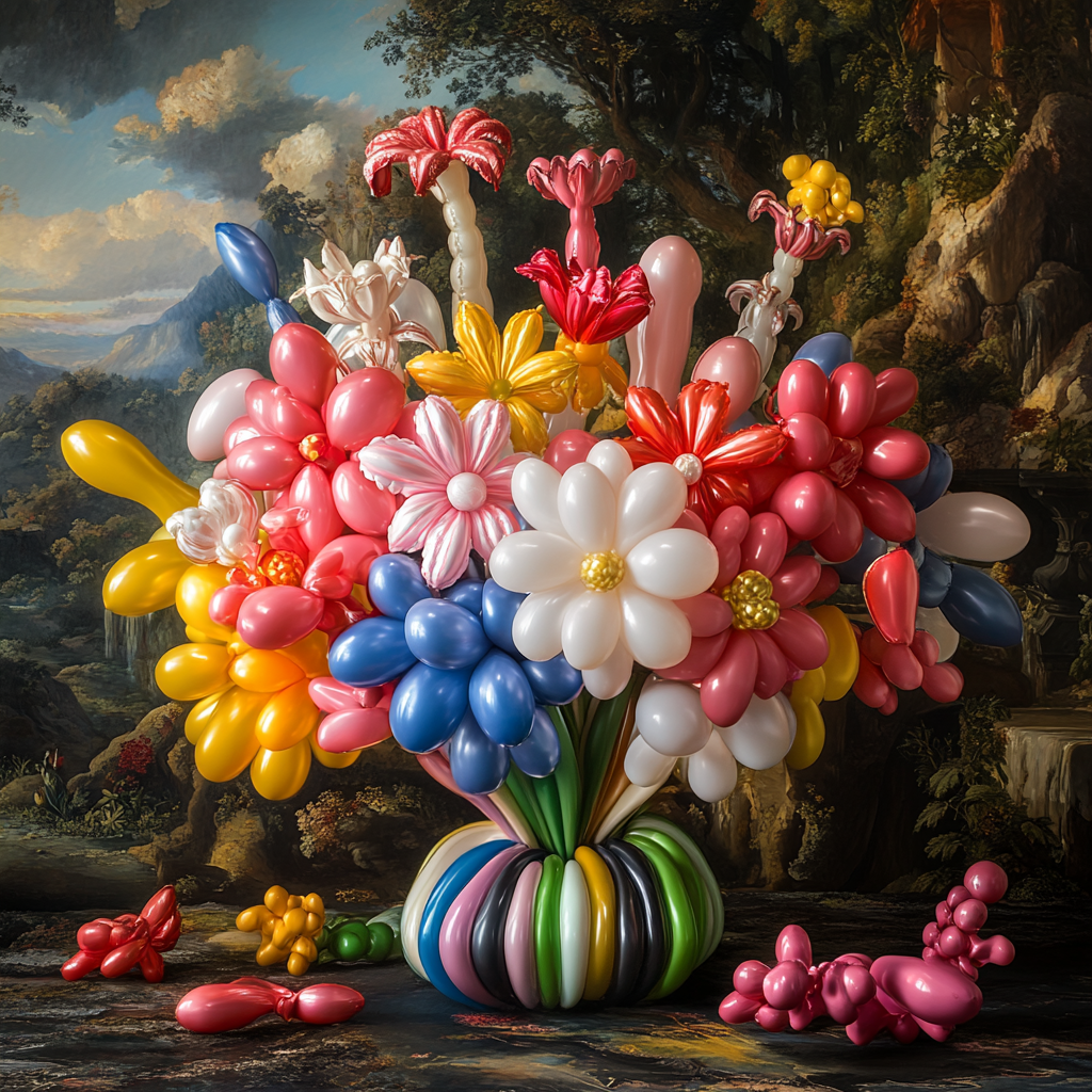 Buntes Bouquet aus Luftballonblumen in einem barocken Stillleben-Setting
