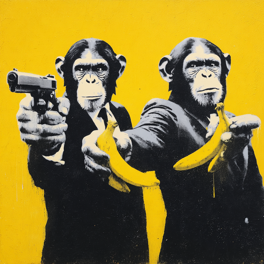 street-art bild von zwei affen im anzug mit bananen und pistole auf gelbem hintergrund
