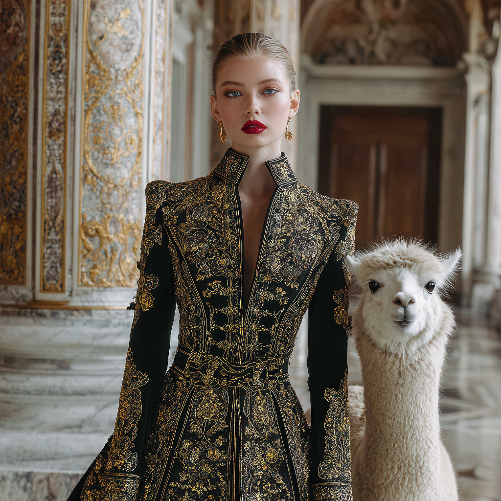 Elegante Frau in schwarz-goldenem Kleid steht neben einem Alpaka in barocker Palasthalle.
