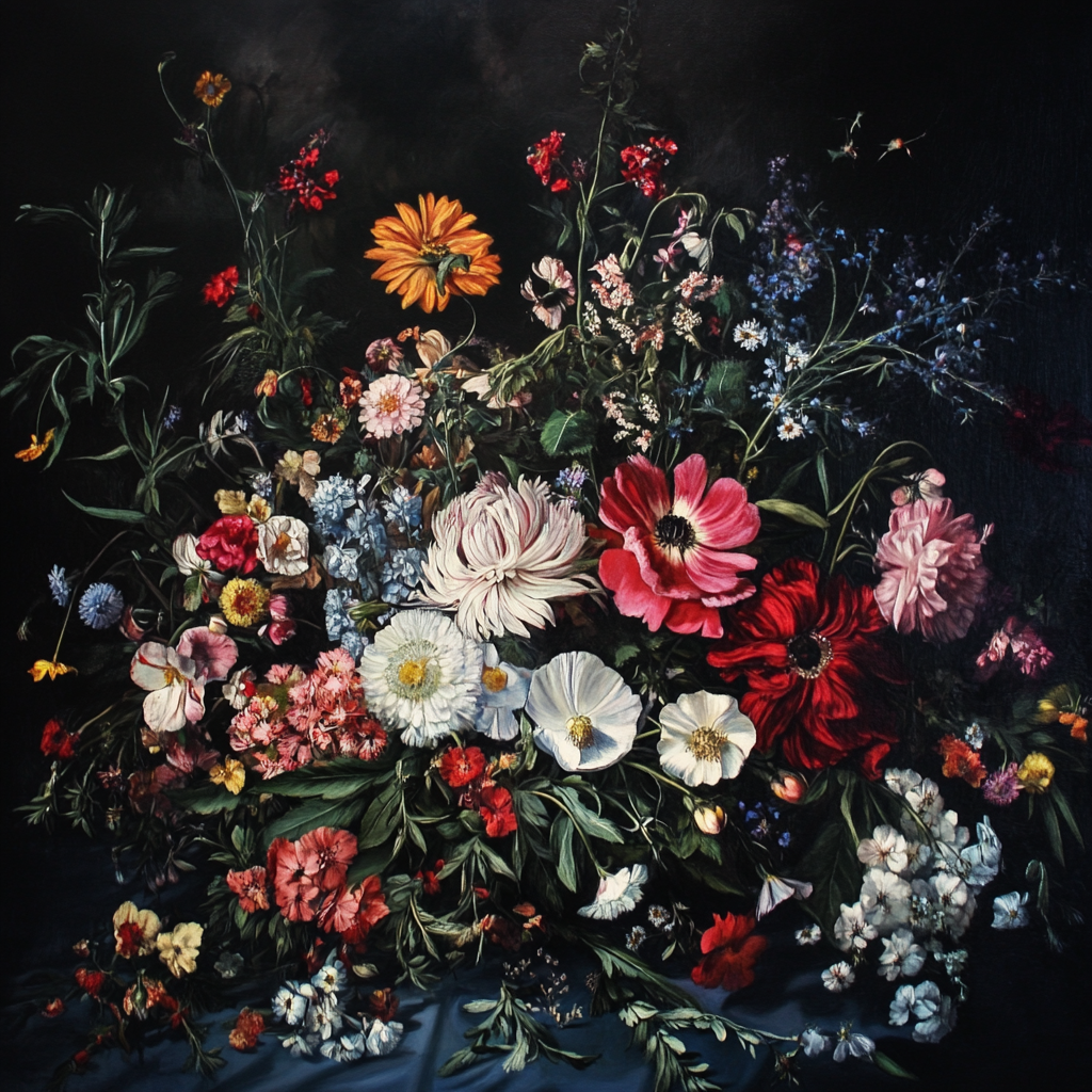 Barockes Blumenstillleben mit üppigem Strauß aus roten, weißen und rosa Blüten vor dunklem Hintergrund
