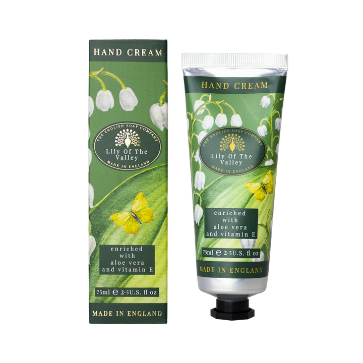 Handcreme Lily of the Valley mit Maiglöckchenmotiv und passender Verpackung in Grüntönen mit gelbem Schmetterling, elegantes Design aus England.