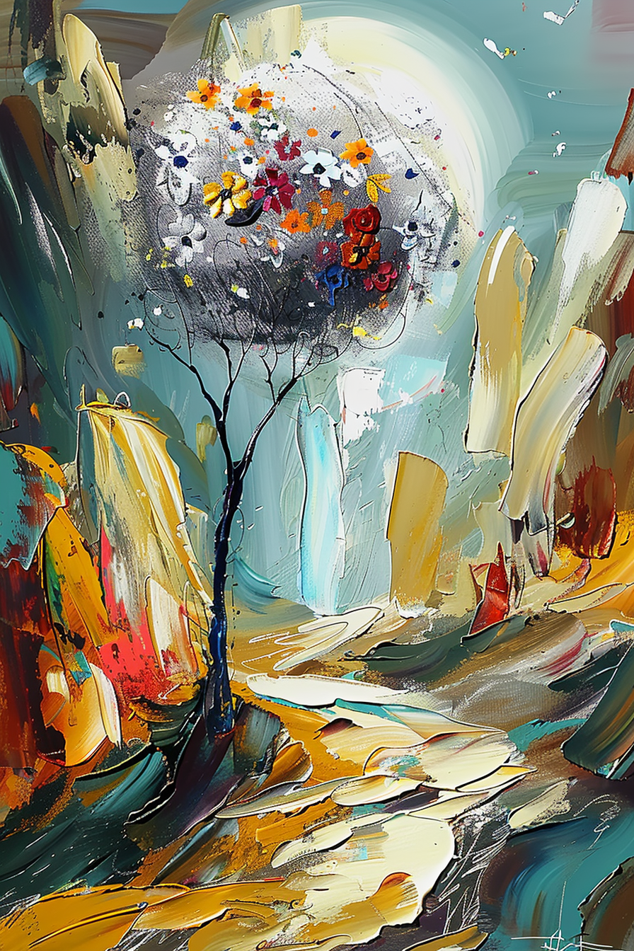 Ein einzelner Baum mit einer kugelförmigen Krone voller bunter Blüten steht in einer abstrakt gemalten Landschaft aus goldenen, türkisfarbenen und roten Strukturen.
