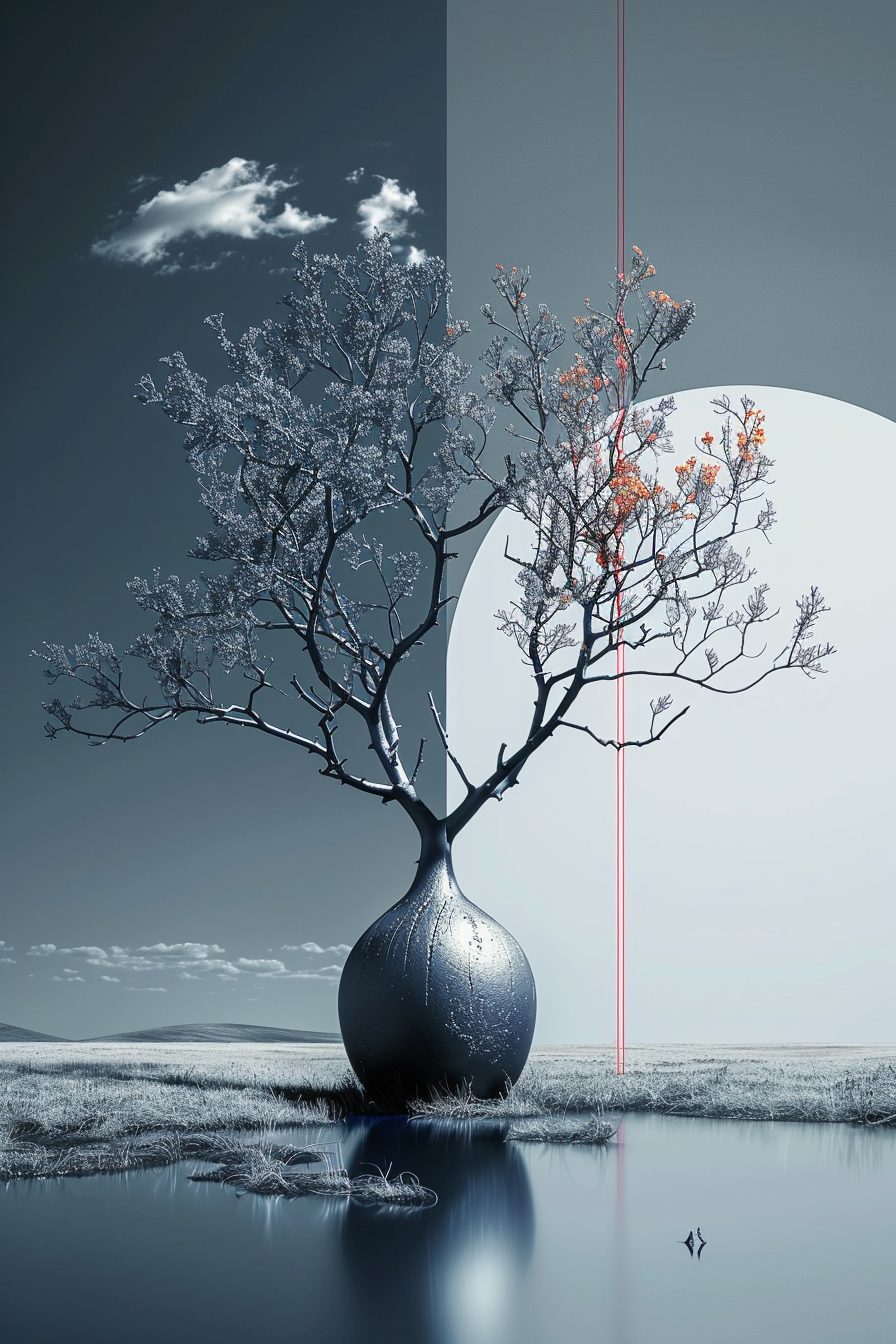 Surrealistische Landschaft mit einem Baum in einer metallisch glänzenden Vase, halb im Schatten und halb im Licht, Symbol für Balance und Wandel
