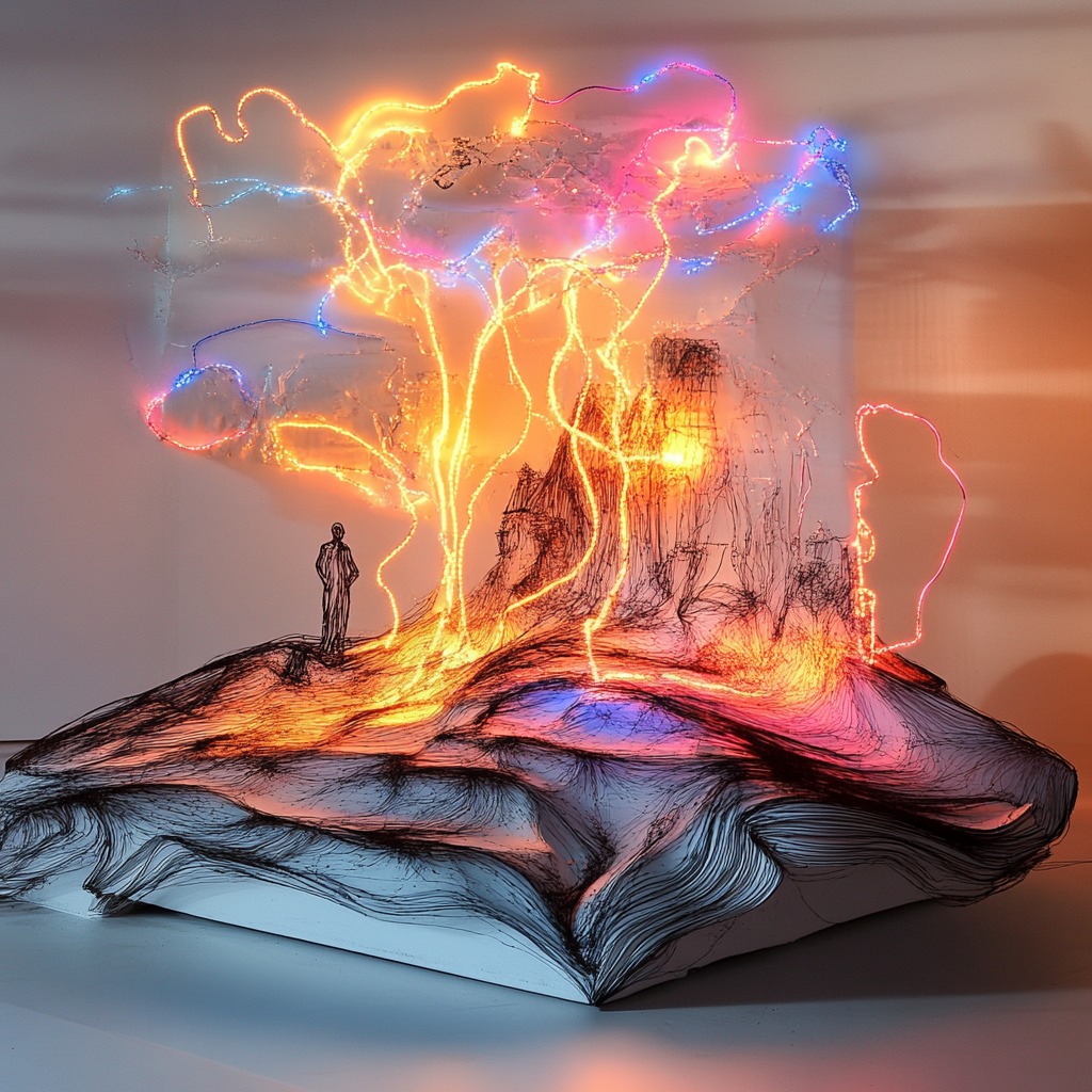 Abstraktes Kunstwerk eines leuchtenden Baums aus farbigen Lichtströmen mit einer kleinen menschlichen Figur – Symbol für Energie, Wachstum und Inspiration.
