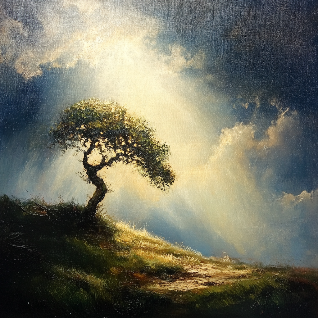 Gemälde eines einsamen Baumes auf einem Hügel, der von strahlendem Sonnenlicht durch dramatische Wolken erleuchtet wird.
