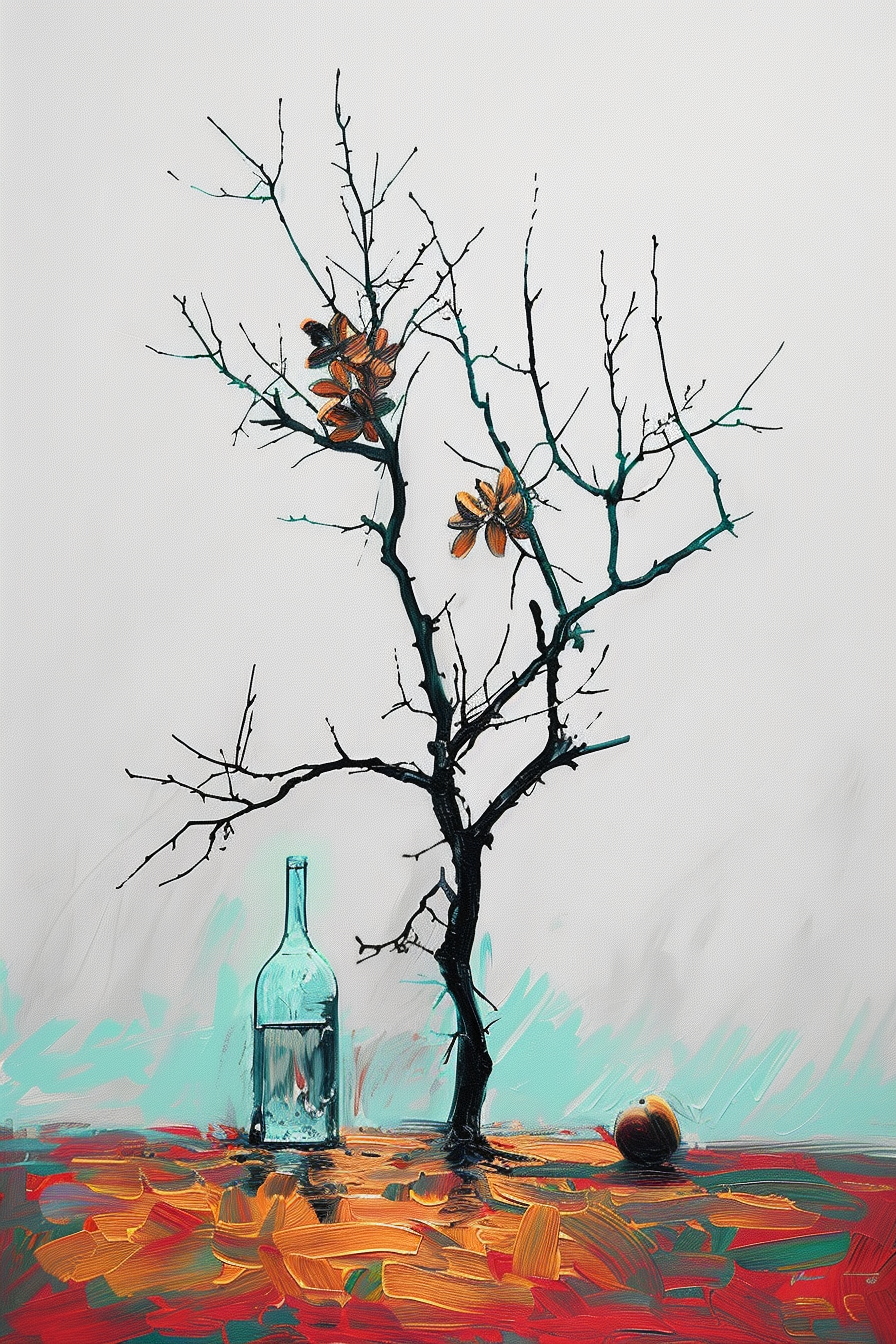 Minimalistische Komposition mit einem kahlen Baum in einer Glasflasche auf farbintensivem Boden – leuchtende Pinselstriche in Rot und Orange kontrastieren mit kühlem Hintergrund.
