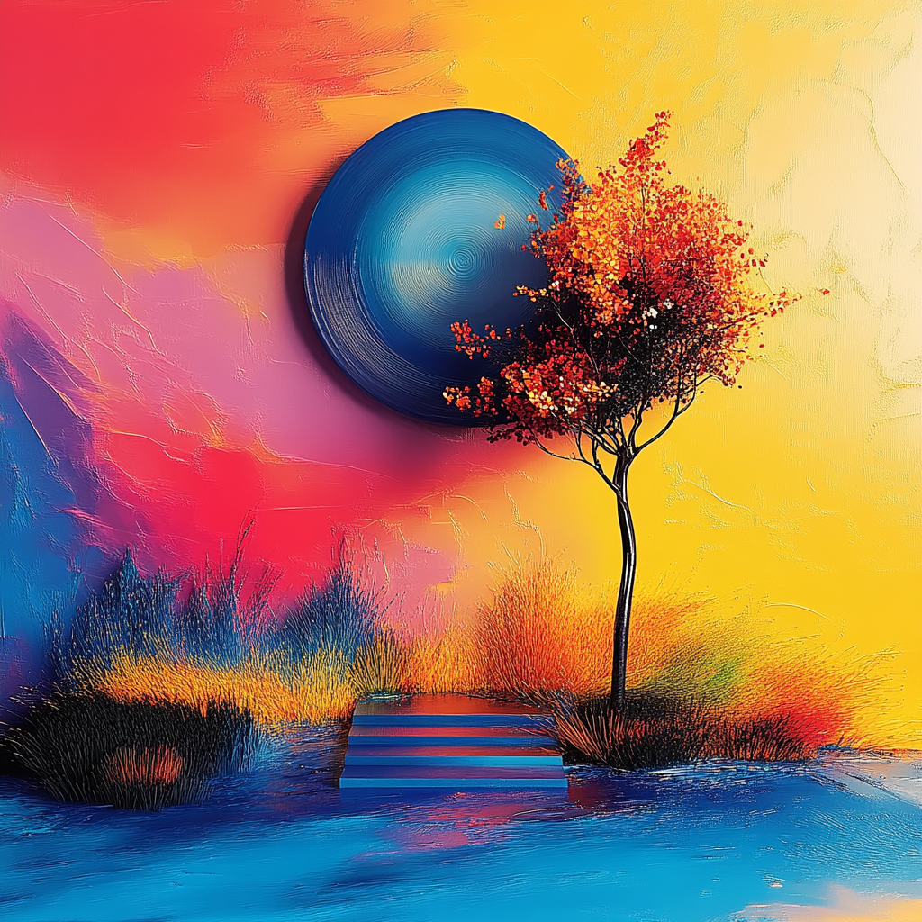 Abstraktes Kunstwerk mit farbigem Hintergrund, rundem blauen Element und rotem Baum
