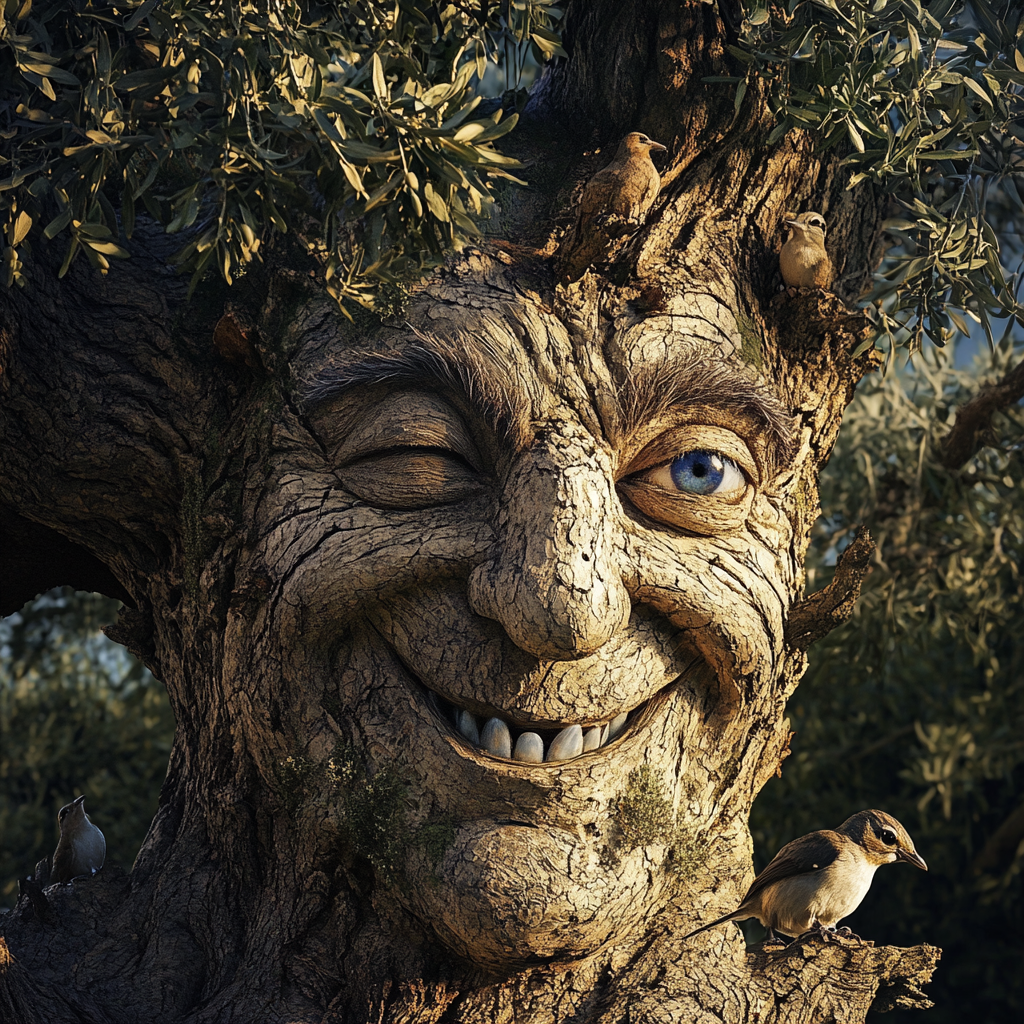 Lächelnder Baumgeist mit menschlichen Gesichtszügen, zwinkerndem Auge und Vögeln im Geäst – humorvolle, detailreiche Naturdarstellung.
