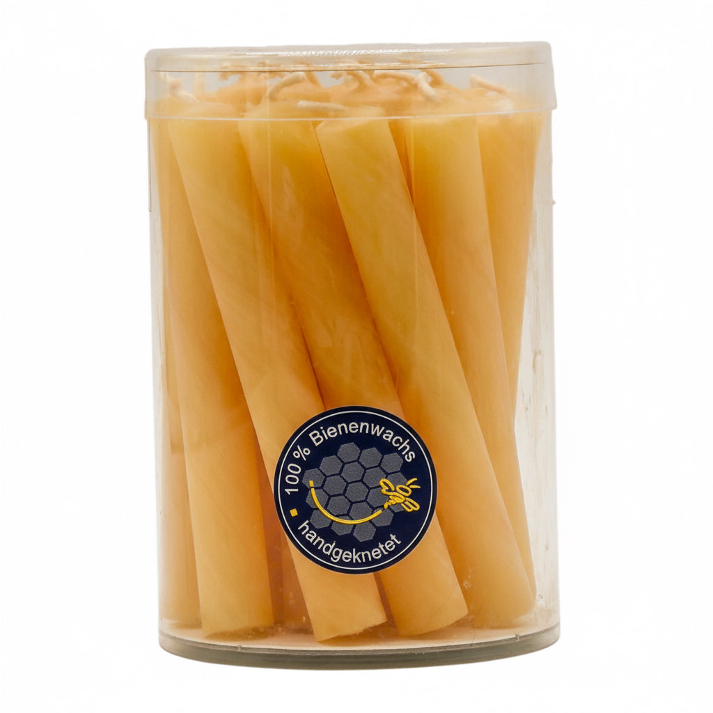 Baumkerzen aus 100 % Bienenwachs – handgeknetet, naturfarben, in transparenter Dose mit Etikett